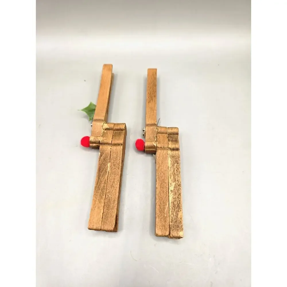 Vintage Handmade Clothespin Reindeer Ornaments Pair Wood Peg Rudolph Craft Vtg
